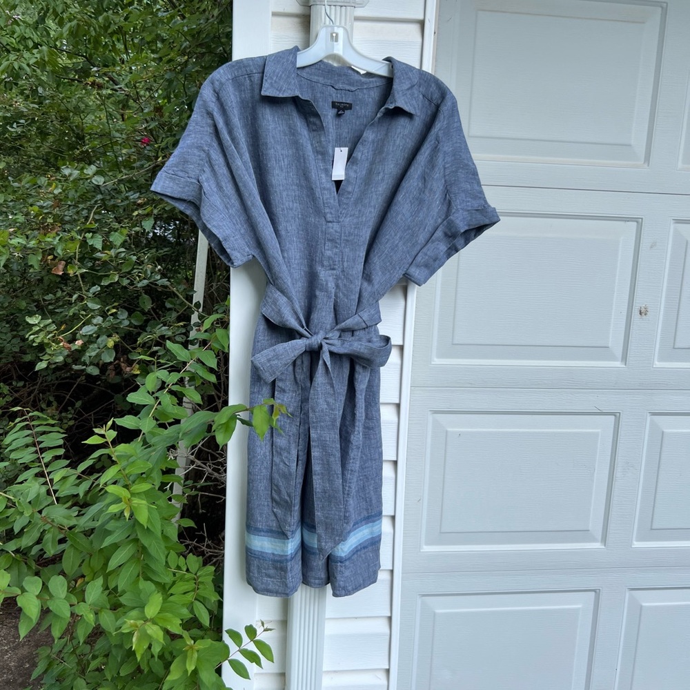 NWT Talbots Pretty Gray Blues Woven Stripe Hem Short Sleeve Linen Dress